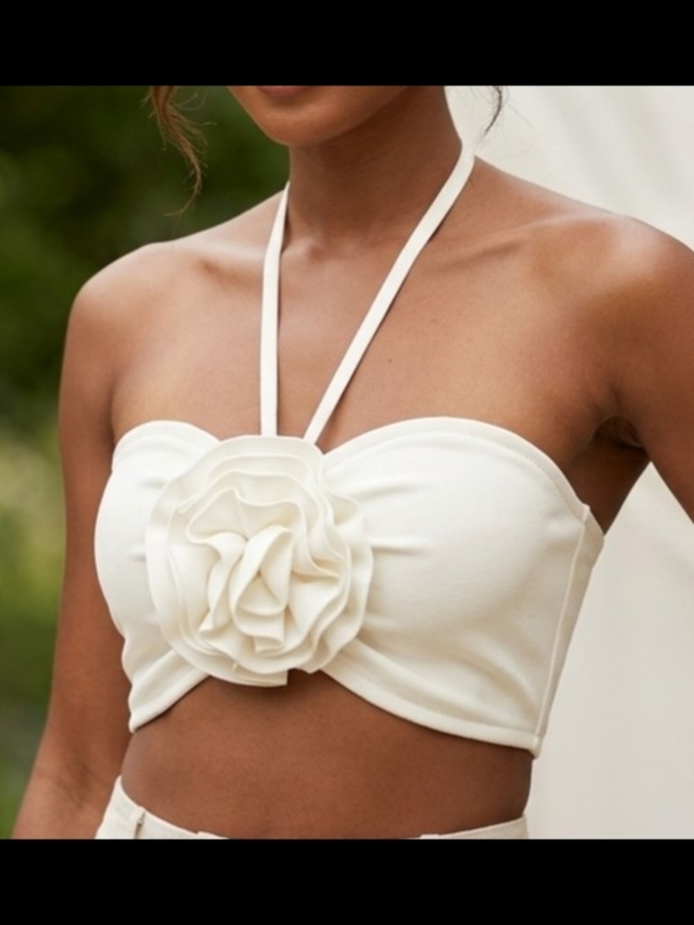 MAGNOLIA White Ivory Halter Crop Top with 3D Flower Detail - Size L